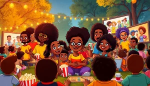 A vibrant scene celebrating African American Cartoons, showcasing diverse characters and children enjoying animated scenes in a joyful park.
