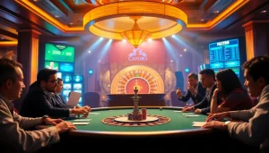 Gamblers experience the excitement at Hay88 casino with vibrant poker tables and slot machines.