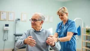 Senior physiotherapy Edmonton showcasing a therapist aiding an elderly patient in a bright clinic.