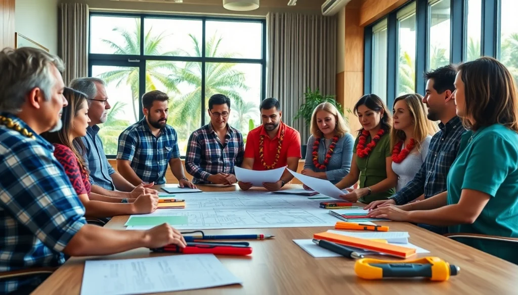 Engaged team discussing plans at the hawaii construction association meeting.