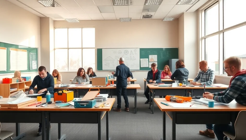 Engaged students in a construction education class using tools and materials for hands-on learning.