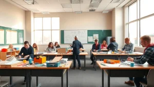 Engaged students in a construction education class using tools and materials for hands-on learning.