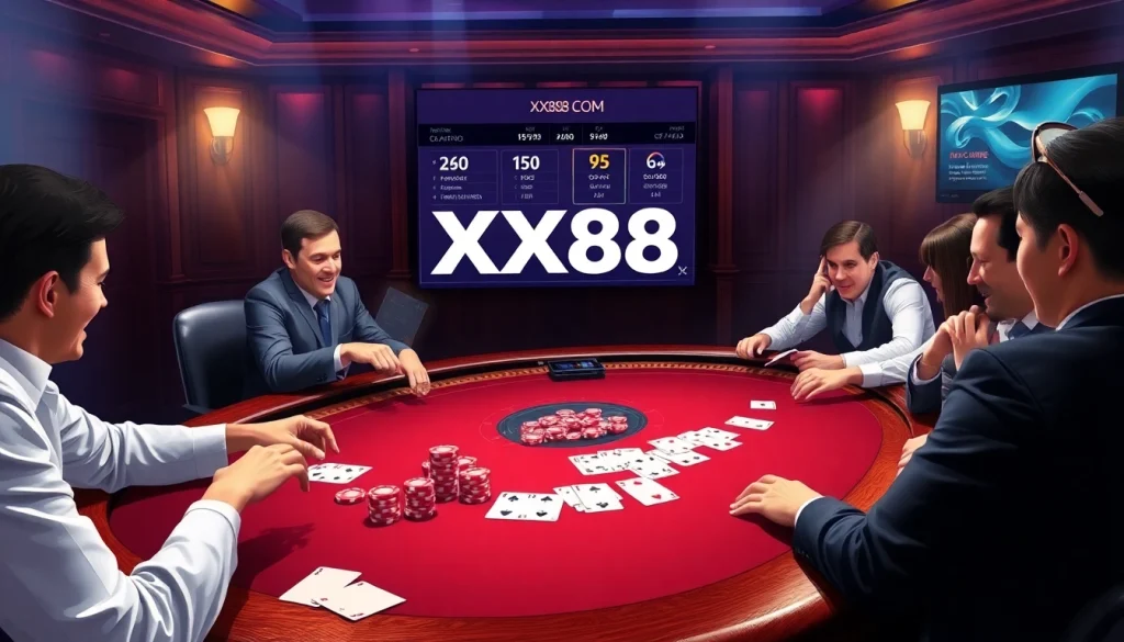 Players celebrating their wins at a high-stakes poker table at XX88 COM online casino.