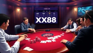 Players celebrating their wins at a high-stakes poker table at XX88 COM online casino.