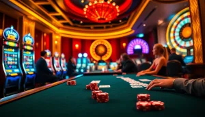KJC poker players strategizing at a luxurious casino table amidst vibrant slot machines.