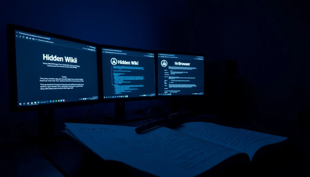 Explore the hidden wiki tor with a high-tech workspace featuring .onion links and cybersecurity elements.