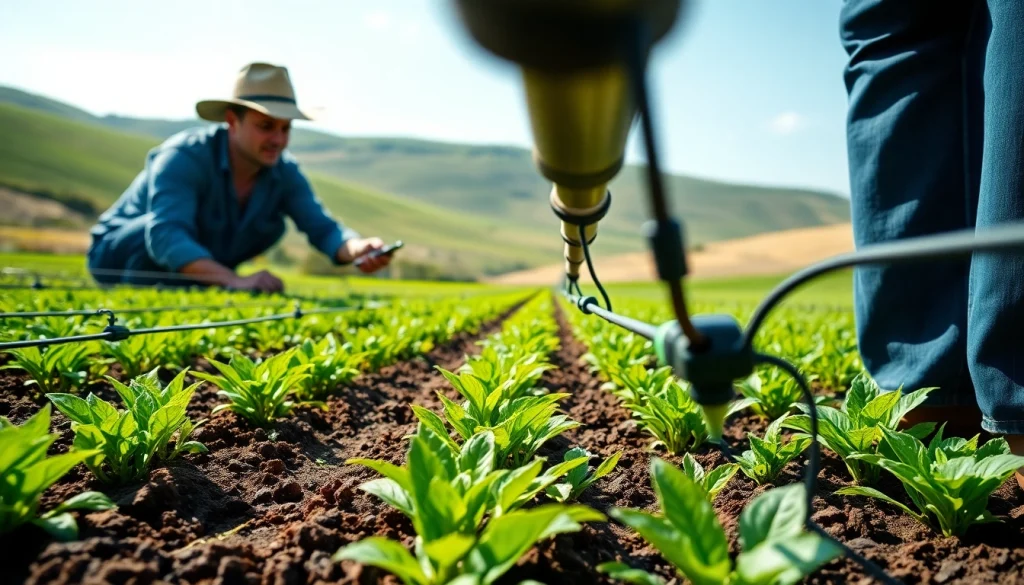 Farmer inspecting land irrigation systems in a lush green field for sustainable agriculture.