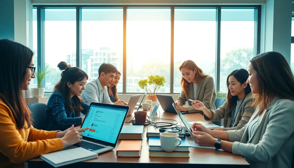 Dynamic team collaboration in language translation with 有道翻译 technology in a modern office.