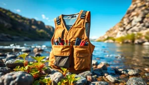 Angler’s fly fishing vest equipped with essential tools against a scenic river backdrop.
