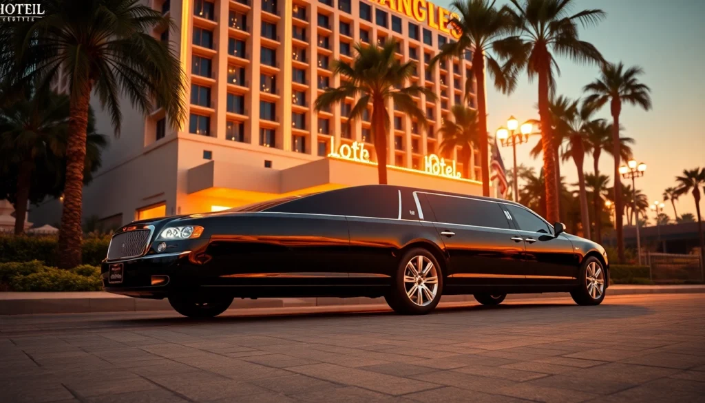 Luxurious Los Angeles Limo parked at a glamorous hotel during sunset, showcasing elegance.