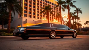 Luxurious Los Angeles Limo parked at a glamorous hotel during sunset, showcasing elegance.