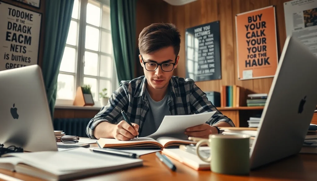 Engaging scene of a student immersed in exam preparation with study materials and natural lighting.