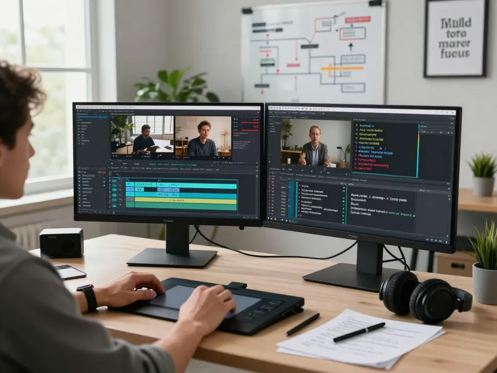 Video to prompt ai workspace with a content creator analyzing video prompts on dual monitors in a bright, inspiring environment.