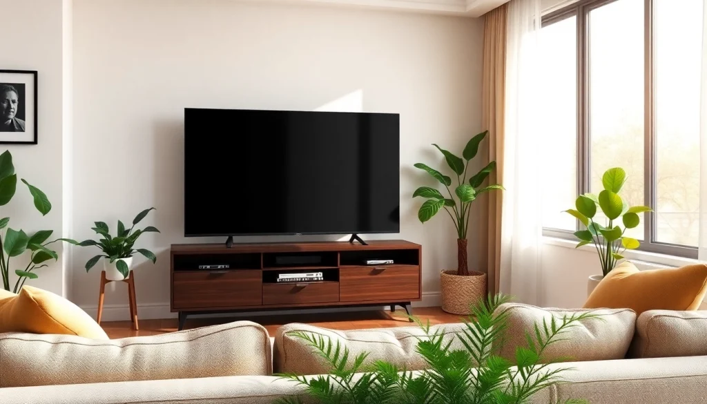 Wymiary telewizora na nowoczesnym tle z komfortowymi meblami w salonie.