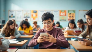 Students collaborating with smartphone solution in school life, engaging in a vibrant classroom setting.