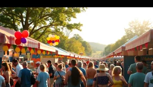 Engaging scene of Clarksburg events filled with people enjoying food and music in an outdoor festival.