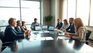 Investors discussing benefits of soparfi at a modern conference table surrounded by financial documents.