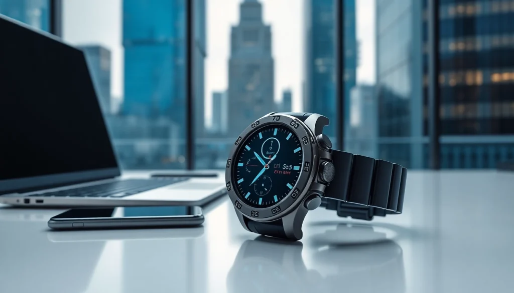 Showcasing the Explorer GPS Smart Watch on a modern desk with sleek design features.