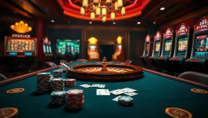 Experience the excitement of Jogoluck with vibrant casino visuals showcasing poker and roulette.