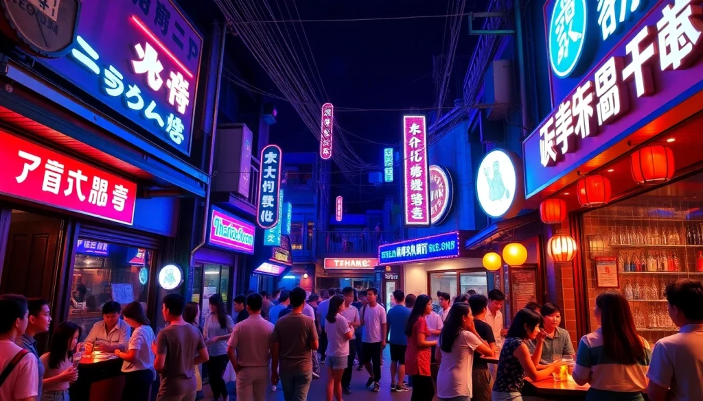 생동감 넘치는 제주도유흥 야간 생활의 장면, 활기찬 엔터테인먼트 장소와 행복한 손님들.