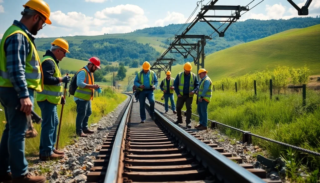 Railroad Maintenance team inspecting safety equipment and railway tracks amidst rural scenery.