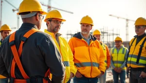 Engaged construction workers participating in construction safety training at a vibrant job site.