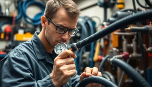Performing hydraulic hose repair with precision in a dedicated workshop setting.