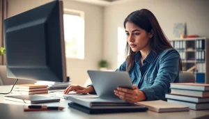 Engaged student utilizing online exam assistance in a modern study environment.