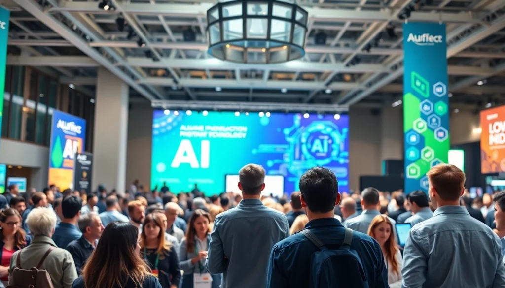 Attendees networking at an AI and emerging technology conference with a keynote speaker engaging the audience.