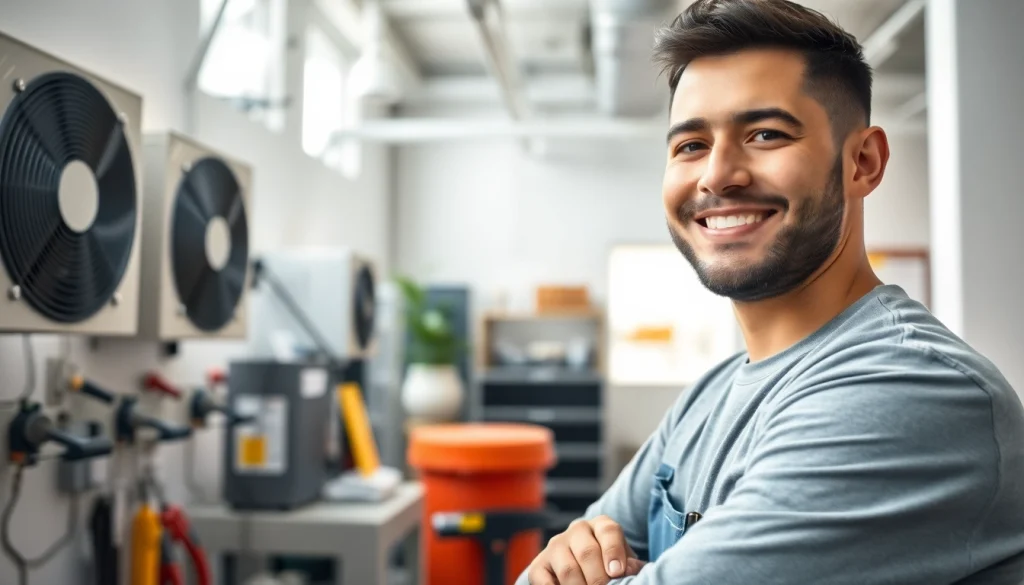 Enhance general building maintenance with a skilled technician inspecting HVAC systems in a bright office.