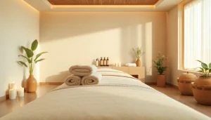 부드러운 조명과 진정되는 장식이 있는 편안한 마사지룸