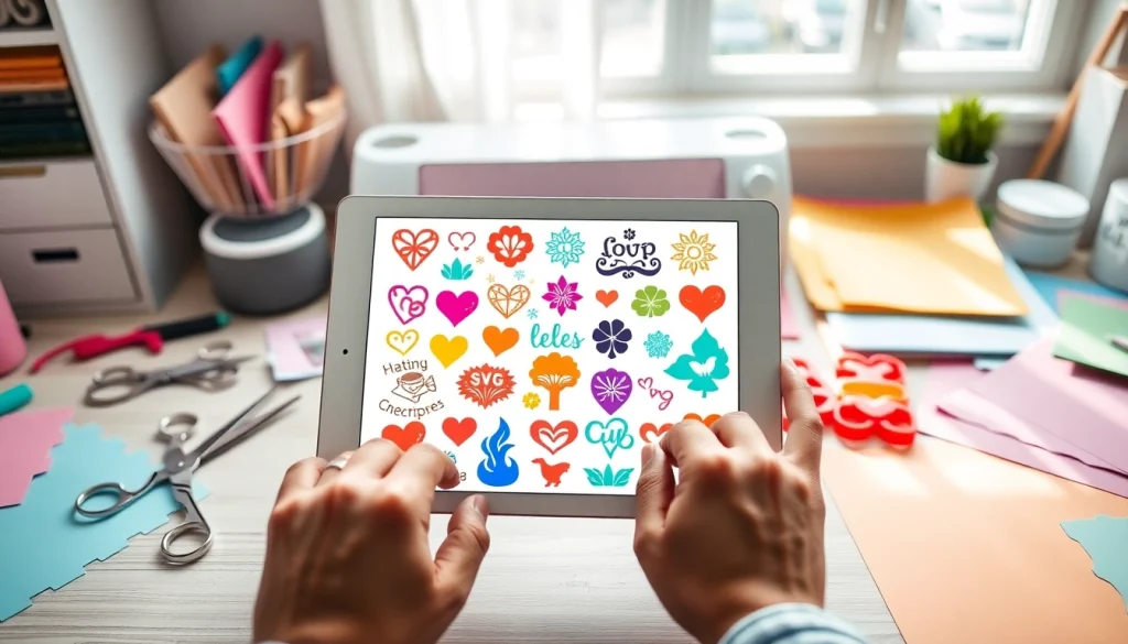 Download vibrant SVG cut files free download on a digital tablet surrounded by craft materials.