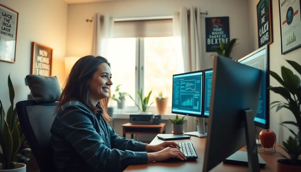 Person engaged in remote quality assurance jobs in a cozy office, showcasing productivity.
