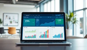 Monitor displaying SEO Rank Tracker analytics in a bright office setting.