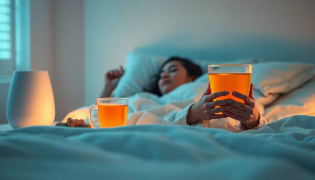 暖かいお茶と穏やかな照明を取り入れ、(風邪 一晩で治す方法) の効果的な回復を示すリラックスした夜の風景。