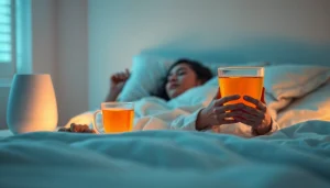 暖かいお茶と穏やかな照明を取り入れ、(風邪 一晩で治す方法) の効果的な回復を示すリラックスした夜の風景。