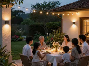 Dusk to dawn outdoor lights illuminate a cozy patio dinner scene with family and friends.