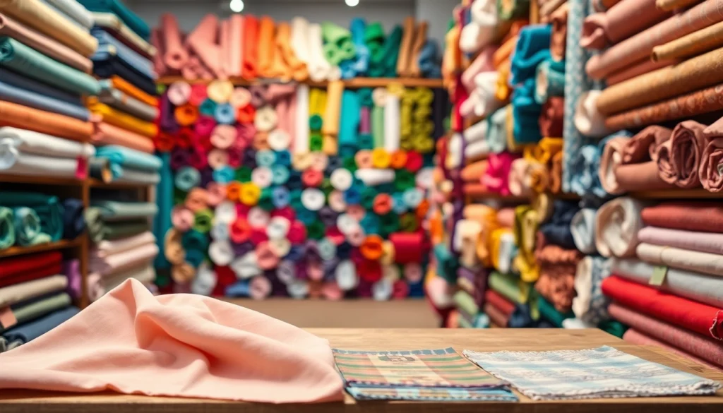 Ontdek katoenen stof per meter in een kleurrijke stoffenwinkel vol patronen en texturen.