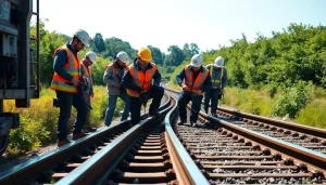 Railroad Maintenance crew conducting track inspections with modern equipment in a scenic setting.