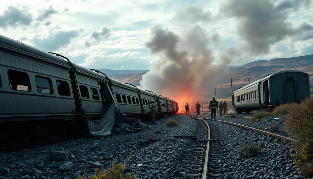 Spain train crash scene showing wreckage and emergency responders at work.