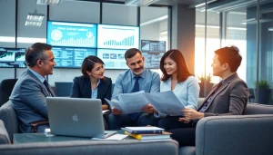 Consultants analyze Federal and State contracts pre-post award compliance in an office environment.