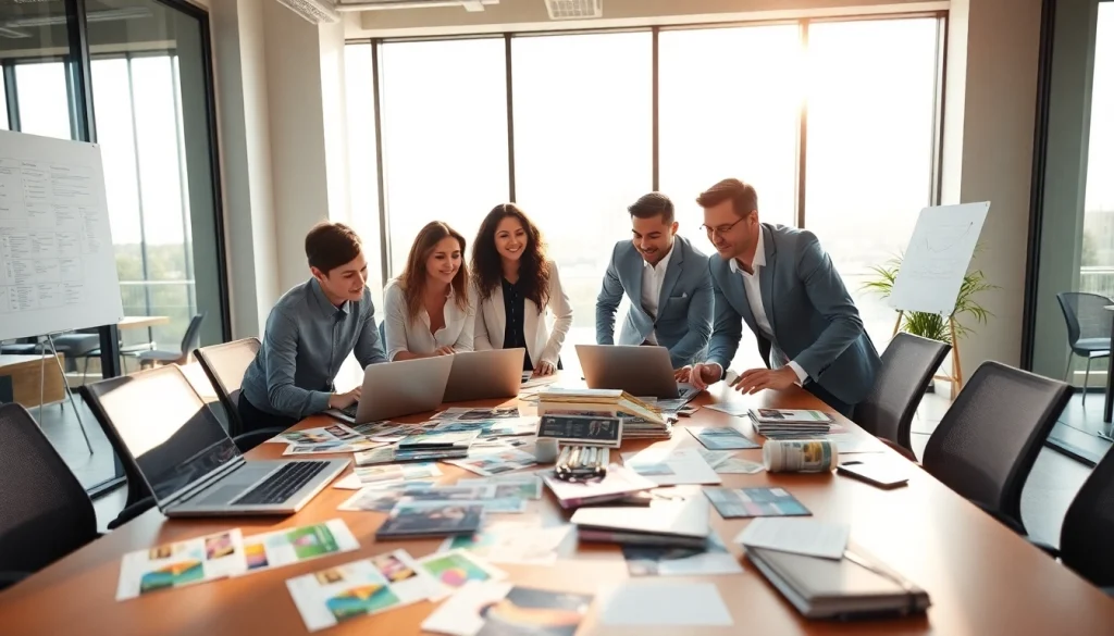 Direct mailing company team brainstorming with creative materials in a bright office.
