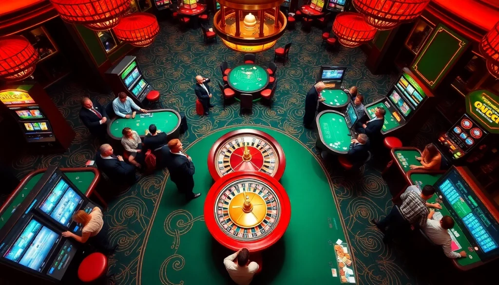Joueurs enthousiastes profitant de l'atmosphère vibrante du meilleur casino en ligne avec des jetons de poker et une roue de roulette.