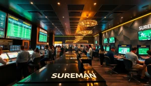 Safe and exciting betting environment showcasing 슈어맨 brand with happy customers and live games.