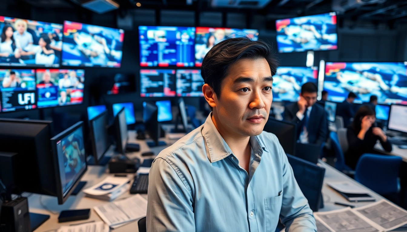 Reporting breaking news in a dynamic newsroom setting, showcasing journalists in action.