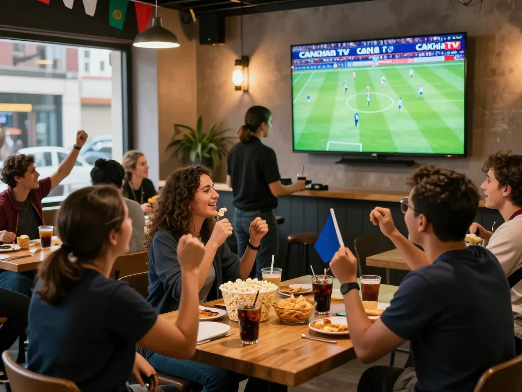 Cakhia tv live soccer match viewed by enthusiastic fans in a lively café setting.