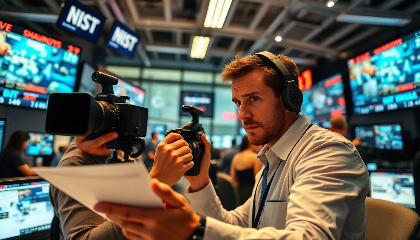 Capture breaking news updates in a dynamic news office environment with professionals at work.
