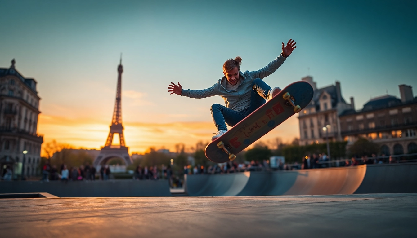 Apprendre le Skate Paris, skateboarding enthusiast executing tricks in a dynamic urban environment.