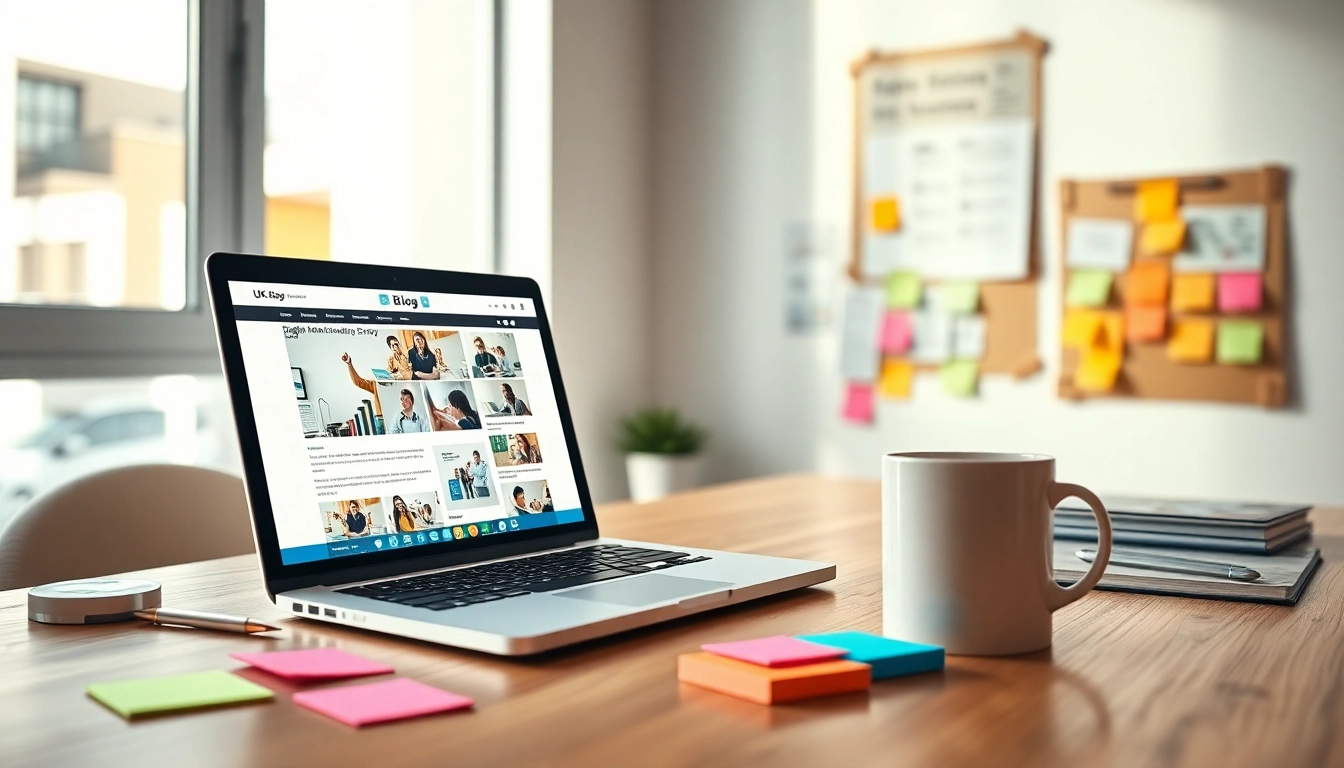Showcasing an energetic UK Blog digital marketing workspace with vibrant colors and creative atmosphere.