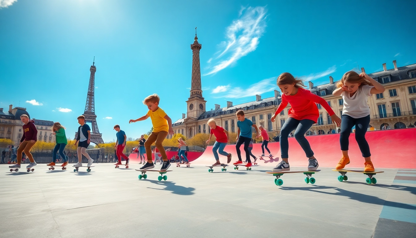 Young skaters learning at a skatepark in Paris, showcasing Apprendre le Skate Paris.